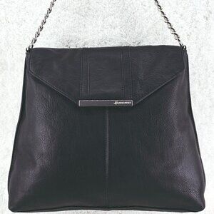 B MAKOWSKY Black Texture Leather Shoulder Bag Silver Chain and Leather Strap